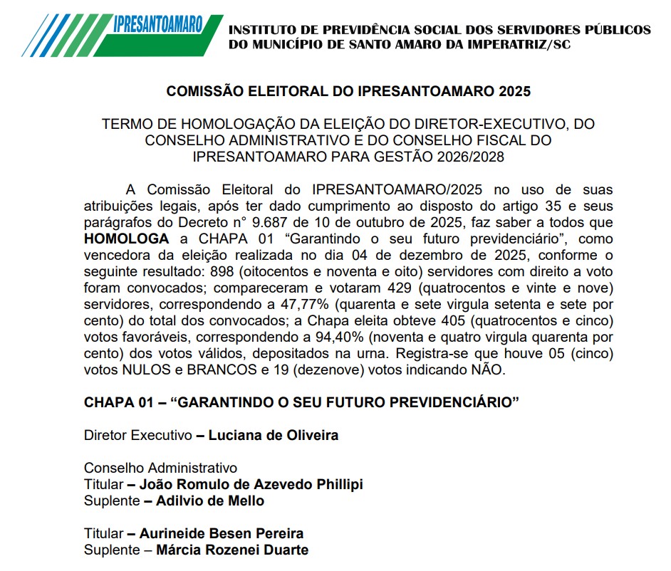 Resultado e homologação das eleições 2025 - IPRESANTOAMARO